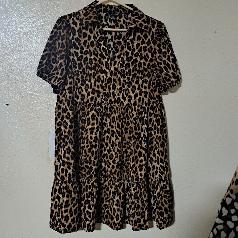 039) Shein Curve OXL Womens Leopard Baby Doll Dress Brown Animal Print Collared